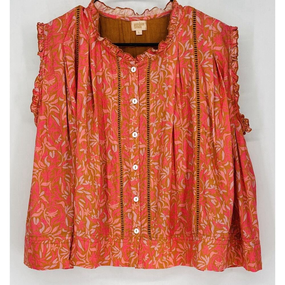 Sunshine Tienda L Pink Coral Floral Ruffle Button Front Boho Blouse Top - Picture 2 of 9